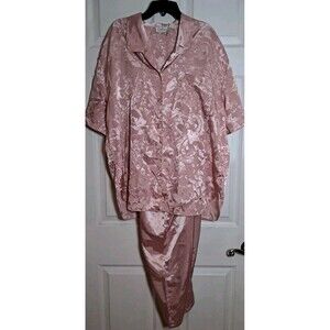 Vintage Kathryn Satin Silk Pink Embossed Floral Pajama Set Large